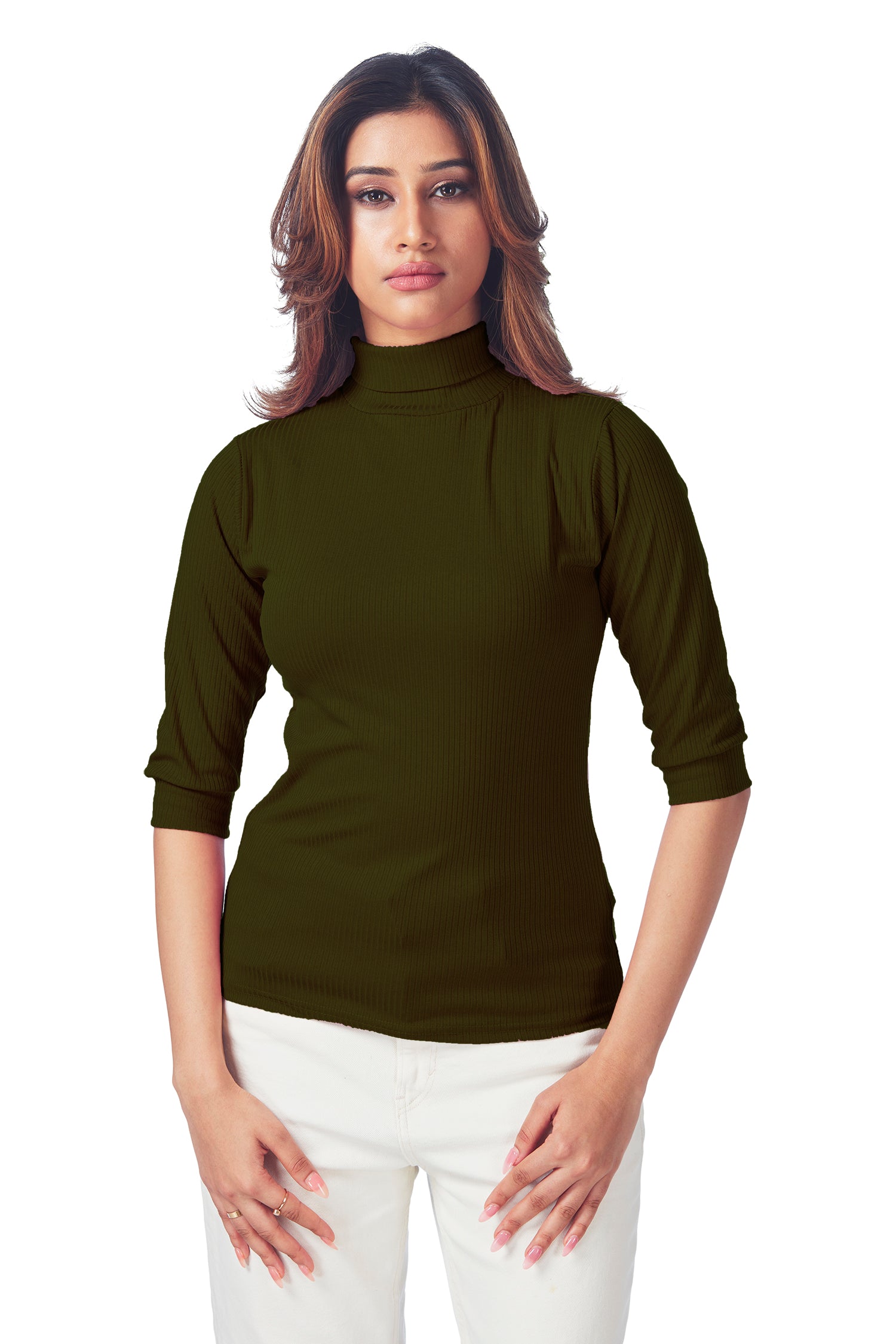 Casual Polo Neck Ribbed   3/4Th  Sleeves  T-shirts - Dark Green