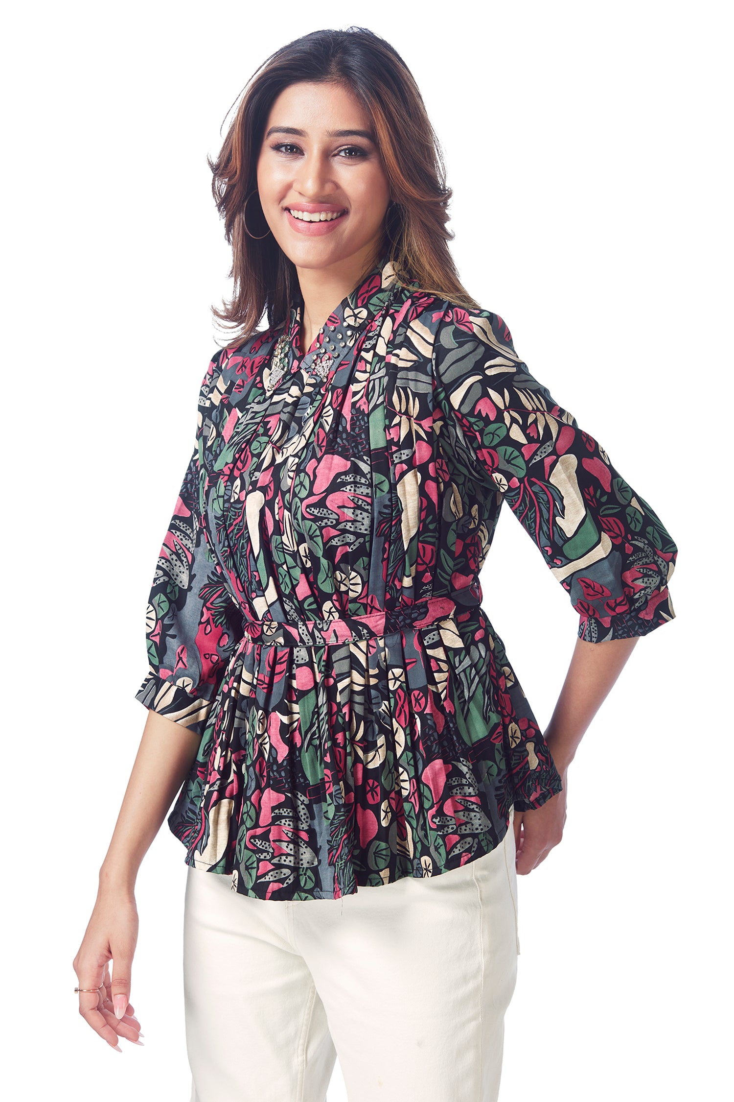 Printed Peplum Style Highlighted Collar Neck Top