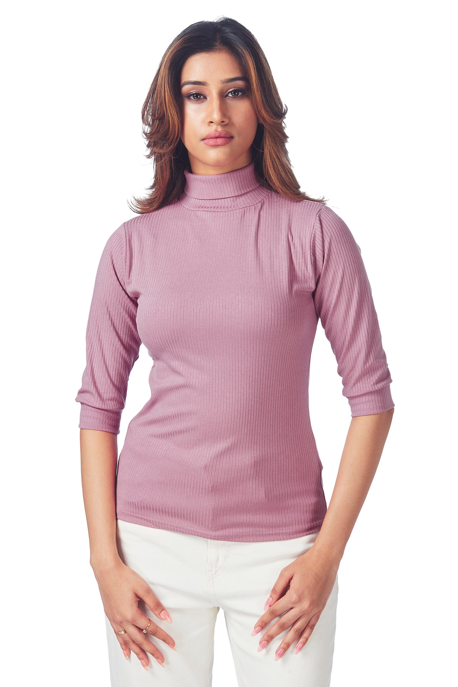 Casual Polo Neck Ribbed   3/4Th  Sleeves  T-shirts - Pink