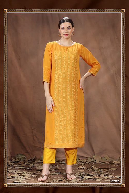 Orange Viscose Crepe Embroidered Kurti For Evening Wear - Freyaa