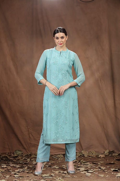 Pista Green Viscose Georgette Long Kurti With Embroidery - Freyaa