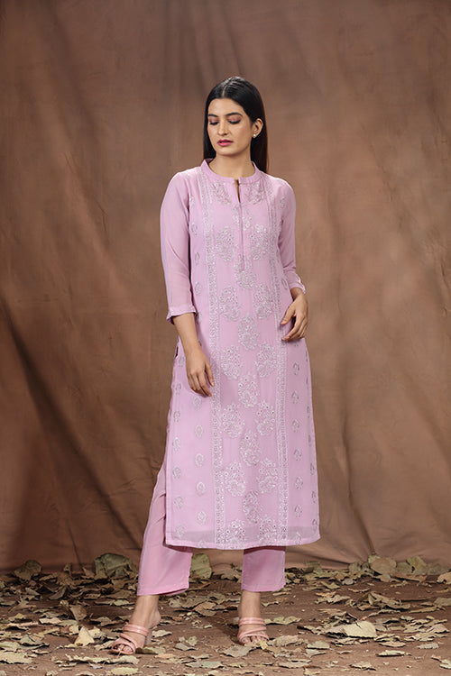 Light Purple Viscose Georgette Long Kurti With Embroidery - Freyaa