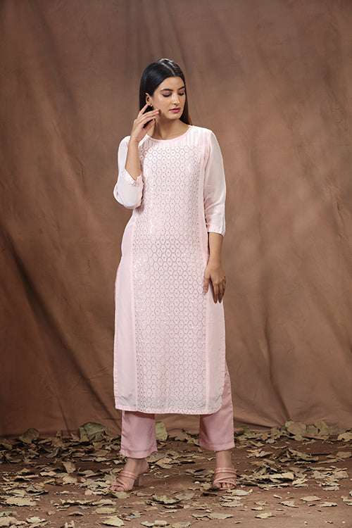 Pink Crepe Long Kurti With Sequence - Freyaa