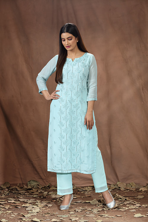 Sky Blue Viscose Chinon Evening Wear Kurti - Freyaa