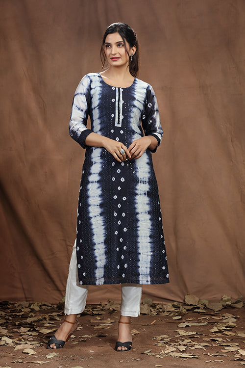 Navy Blue Chanderi Silk Long Kurti With Tie & Dye Kurti - Freyaa