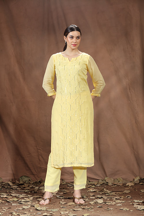 Yellow Viscose Chinon Evening Wear Kurti - Freyaa