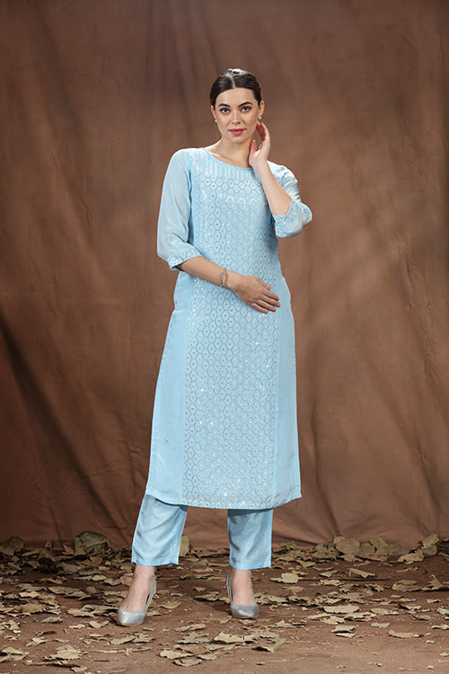 Blue Crepe Long Kurti With Sequence - Freyaa