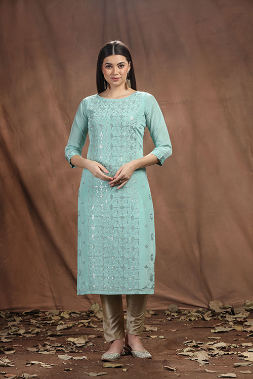 Turquoise Viscose Crepe Long Kurti With Sequence Work - Freyaa