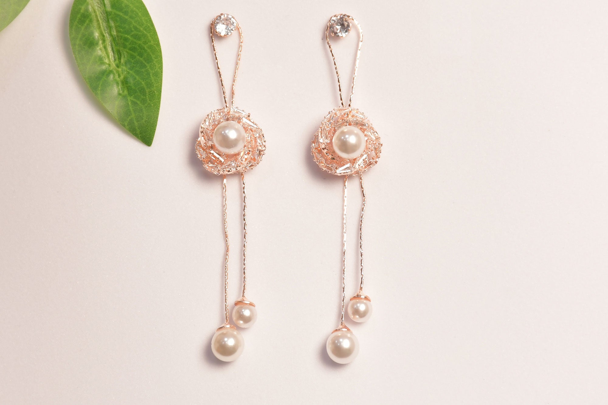 Stylish Rose Gold Pearl Chain Earrings- Freyaa