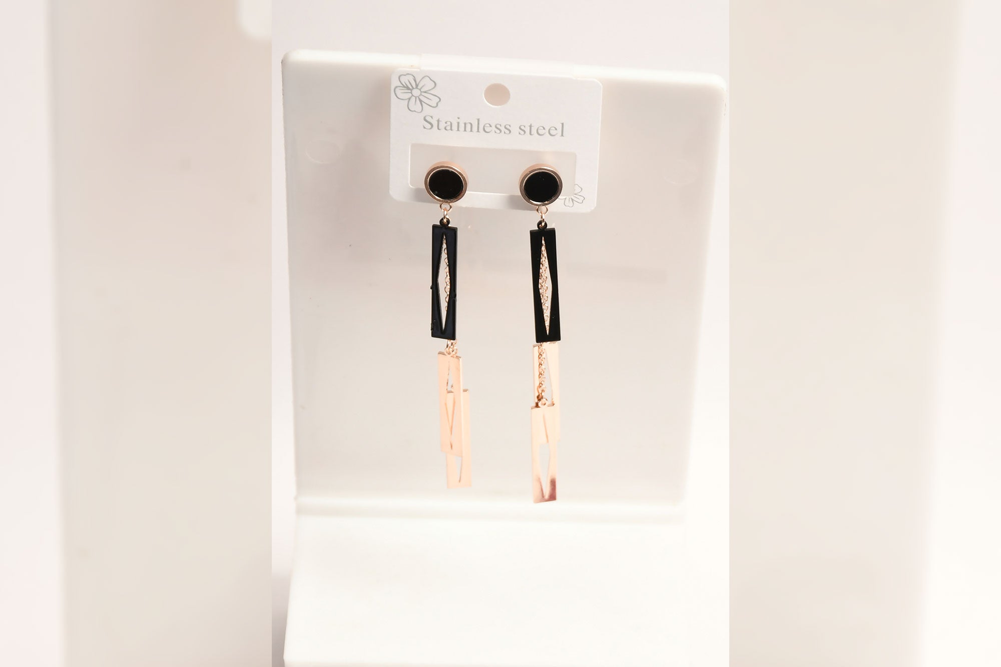 Black Rose gold long earrings with Round shape Stud