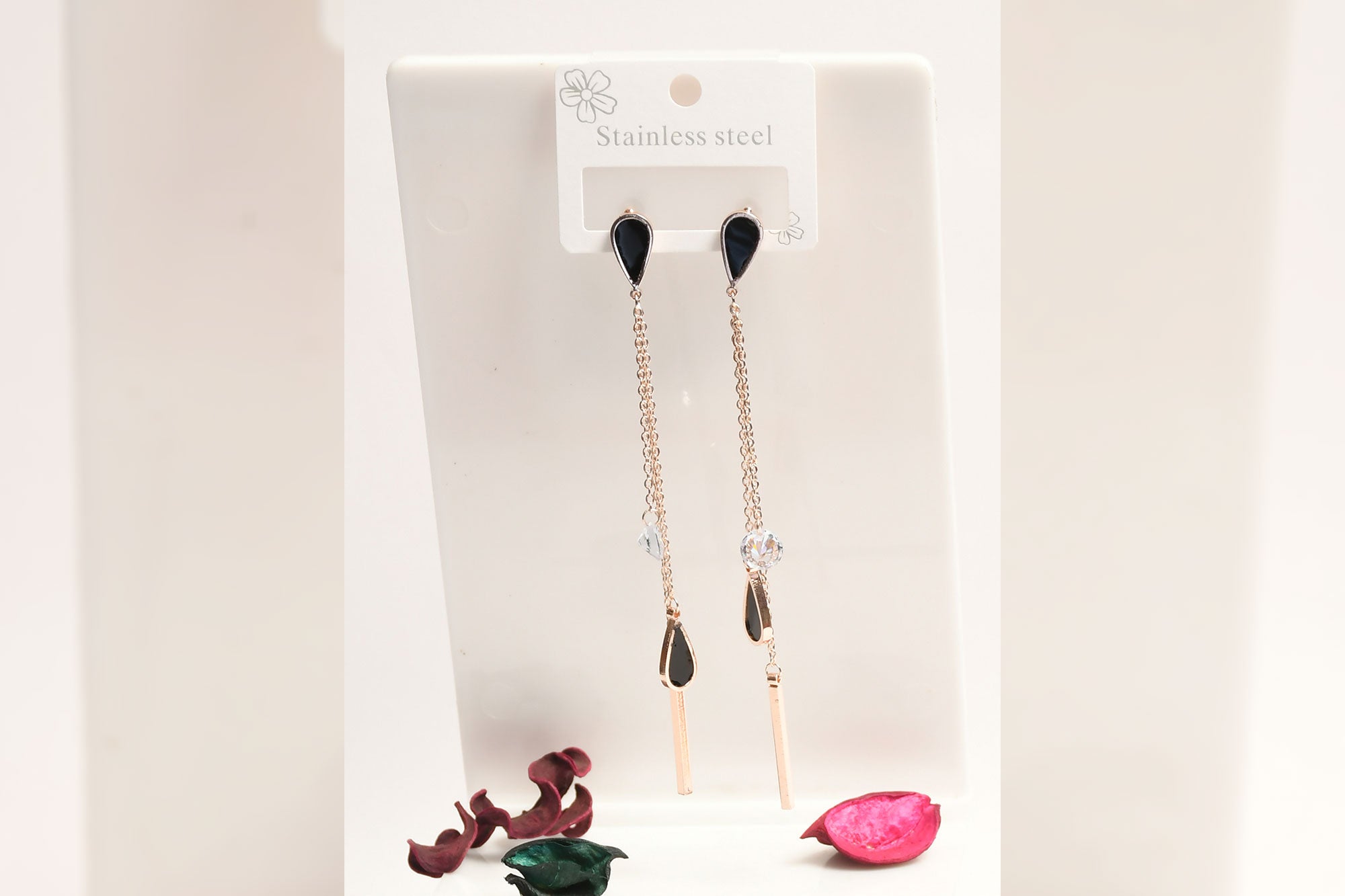 Black Rose gold  long earrings with Pear shape