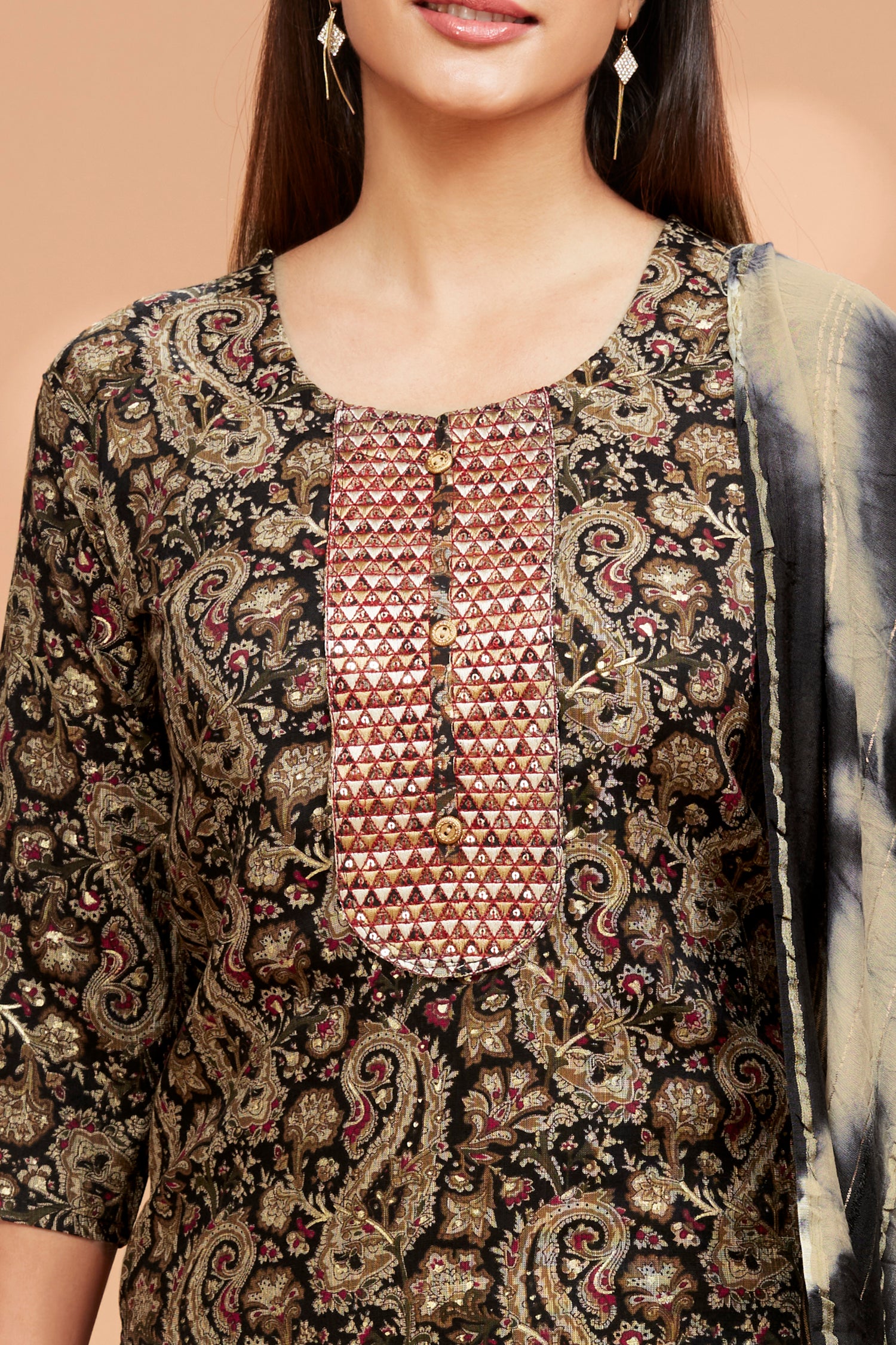 Printed Straight fit Embroidered Kurta with Palazzo Pant & Tie-die Duppatta