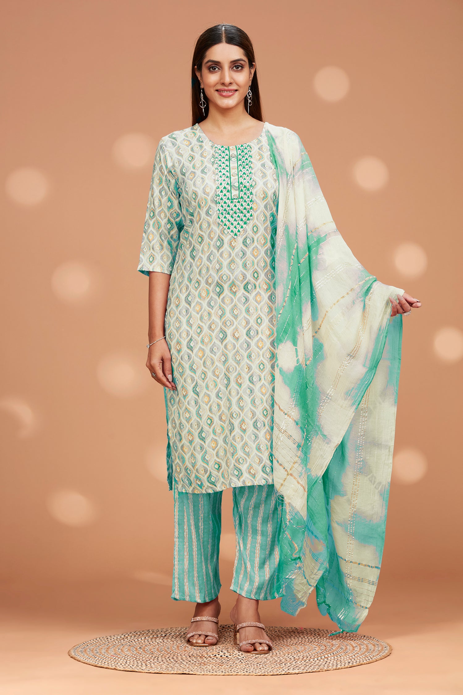 Printed Straight fit Embroidered Kurta with Palazzo Pant & Tie-die Duppatta - Green