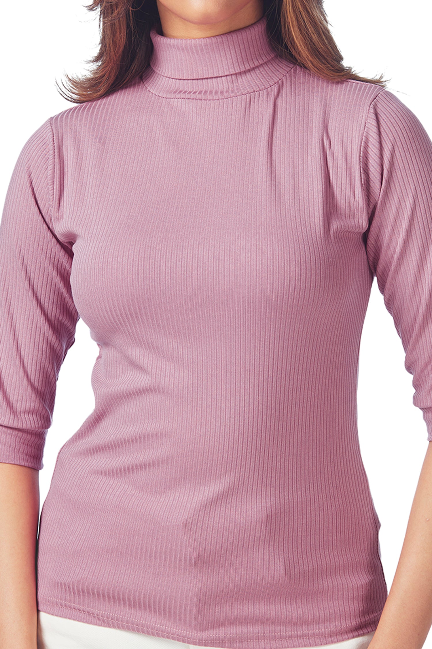 Casual Polo Neck Ribbed   3/4Th  Sleeves  T-shirts - Pink