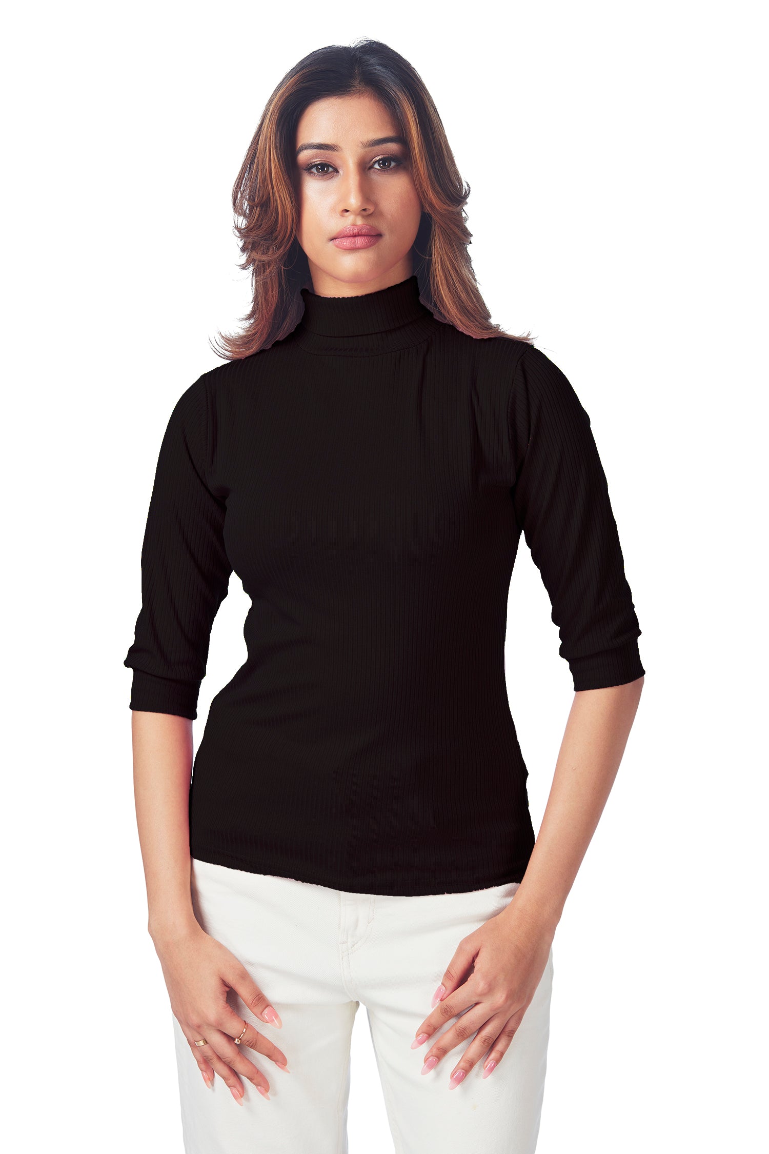 Casual Polo Neck Ribbed   3/4Th  Sleeves  T-shirts - Black