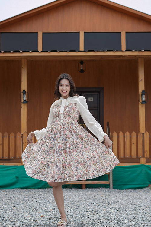 Cotton Front Bow Floral Printed Tunic