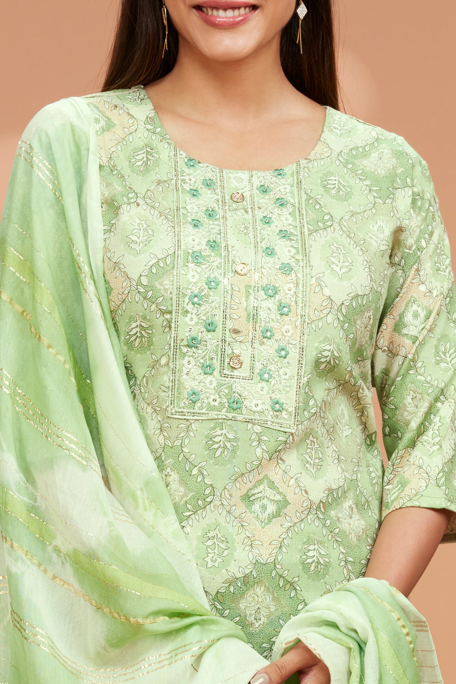 Printed Straight fit Embroidered Kurta with Palazzo Pant & Tie-die Duppatta - Light Green