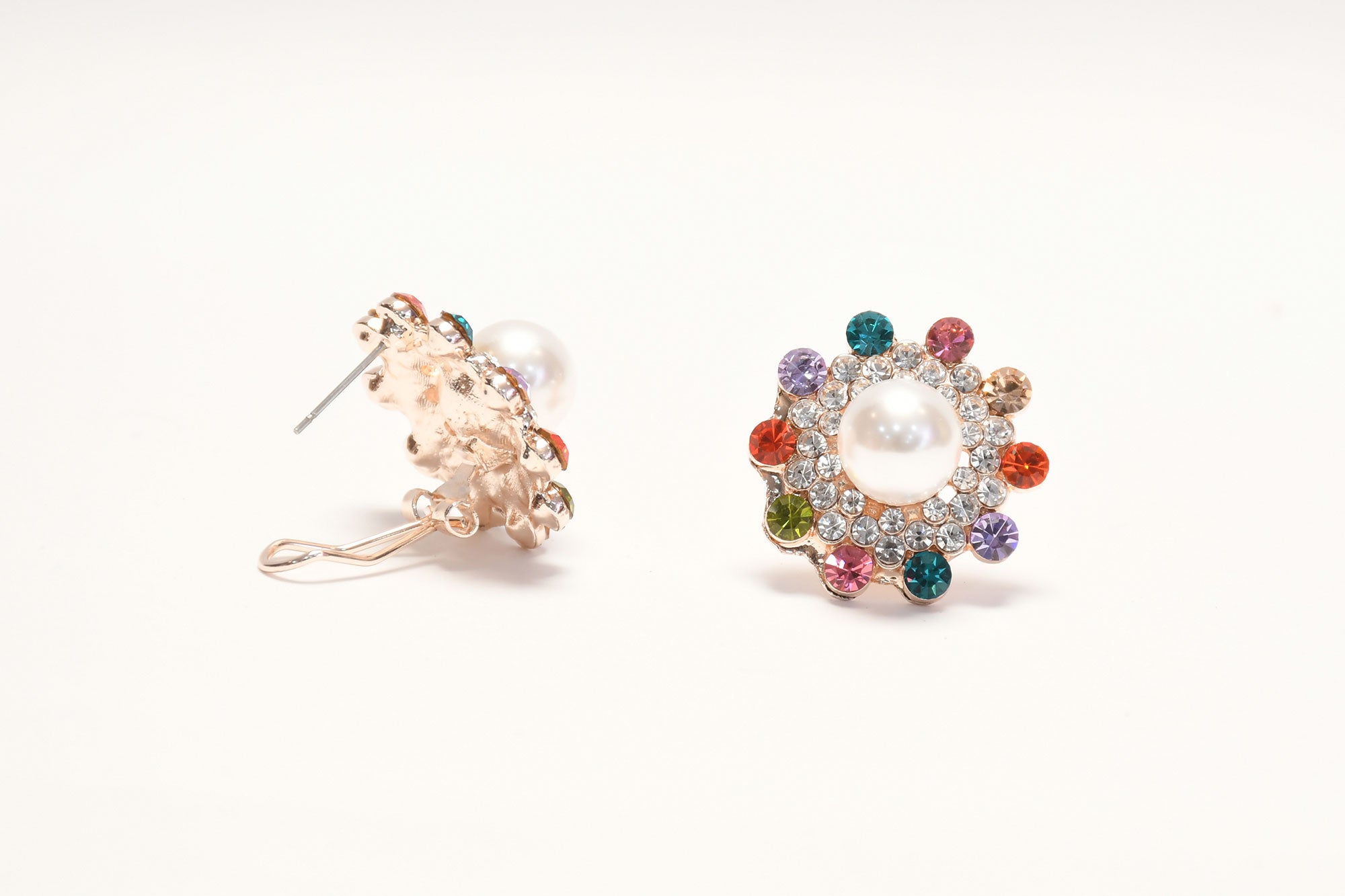 Classic White Pearl Studs With Multicolour Crystals Earring 2 - Freyaa