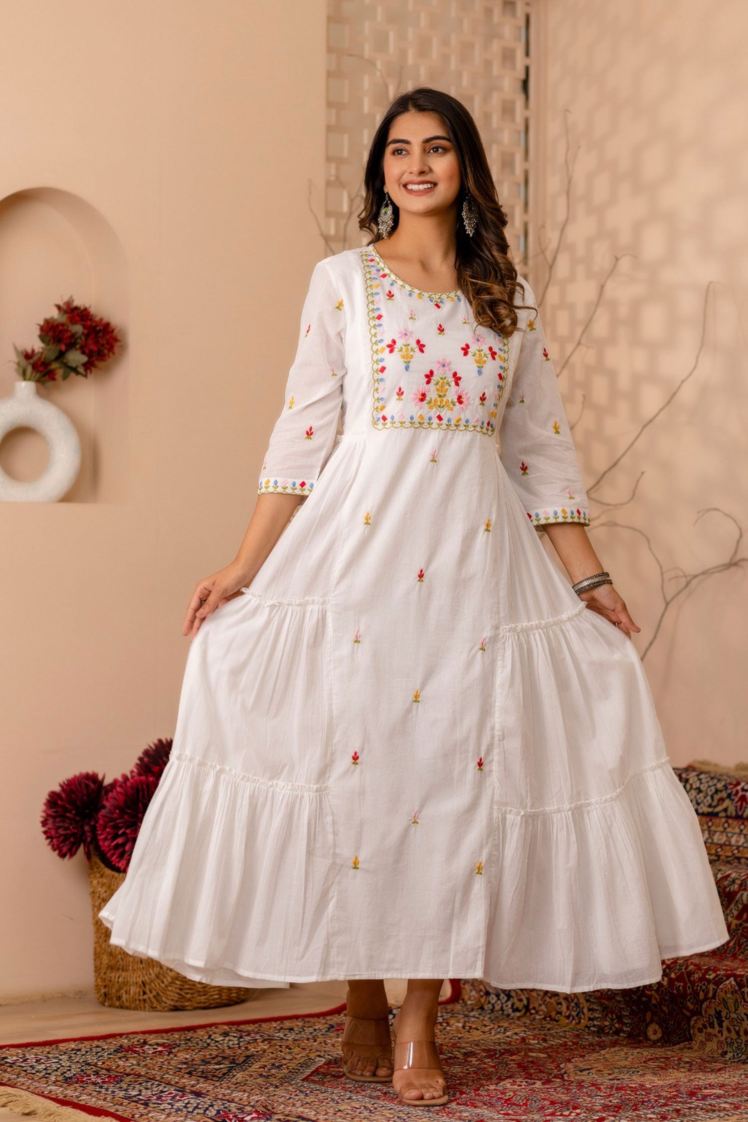 Cotton Embroidered Ankle Length Long Dress