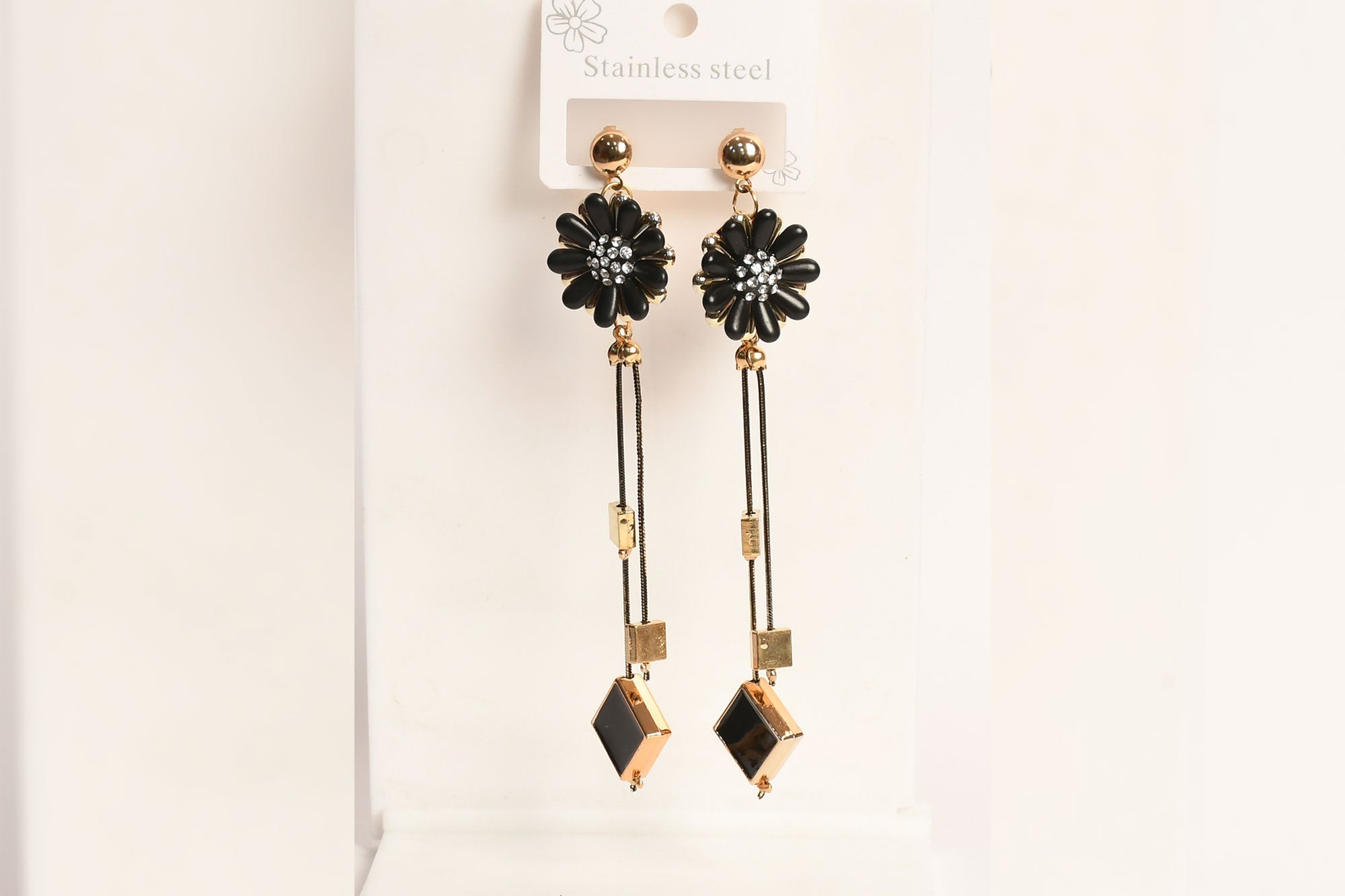 Black Stainless Steel Flower Drop Earrings - Freyaa