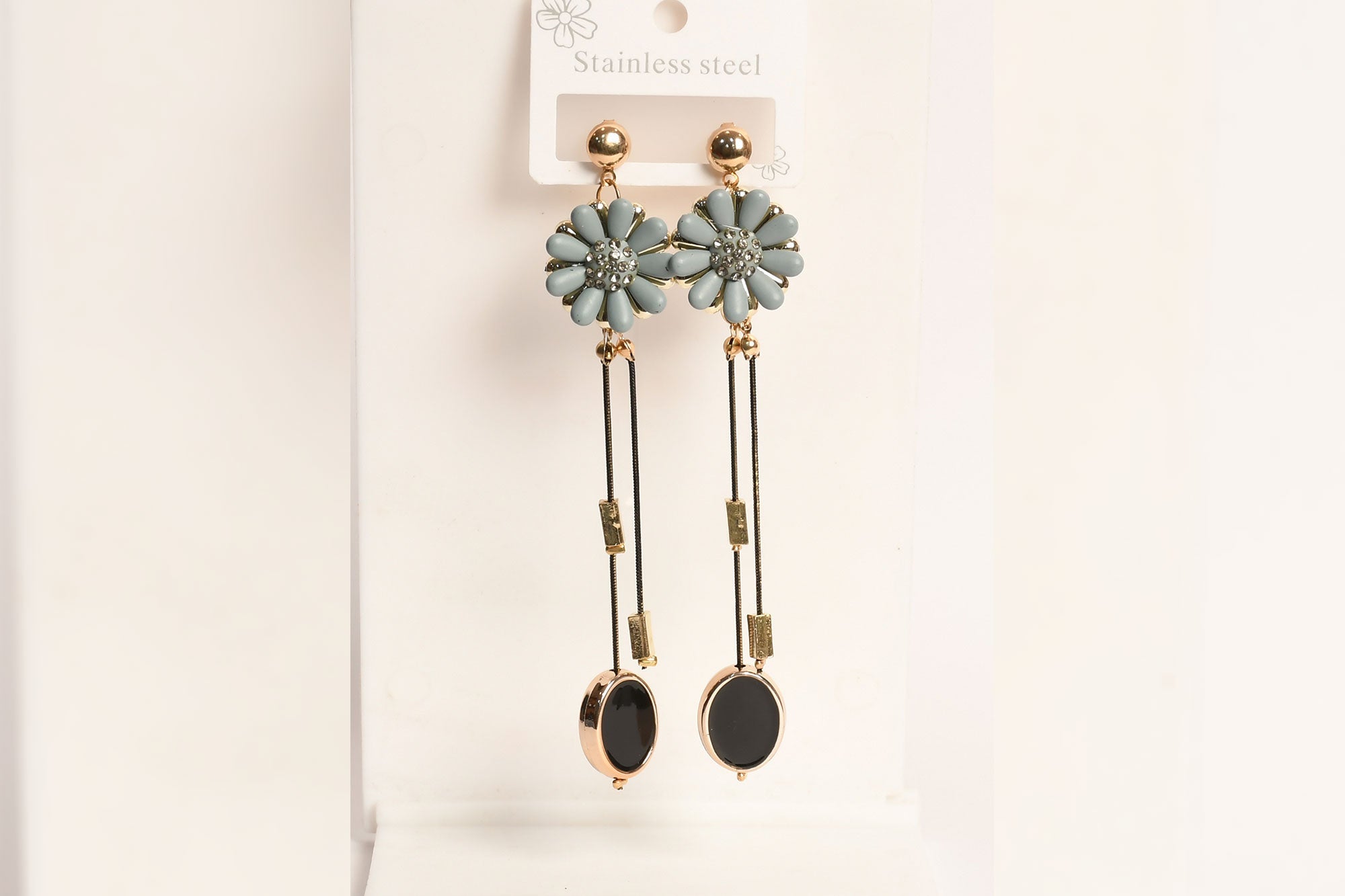 Grey Stainless Steel Flower Drop Earrings - Freyaa