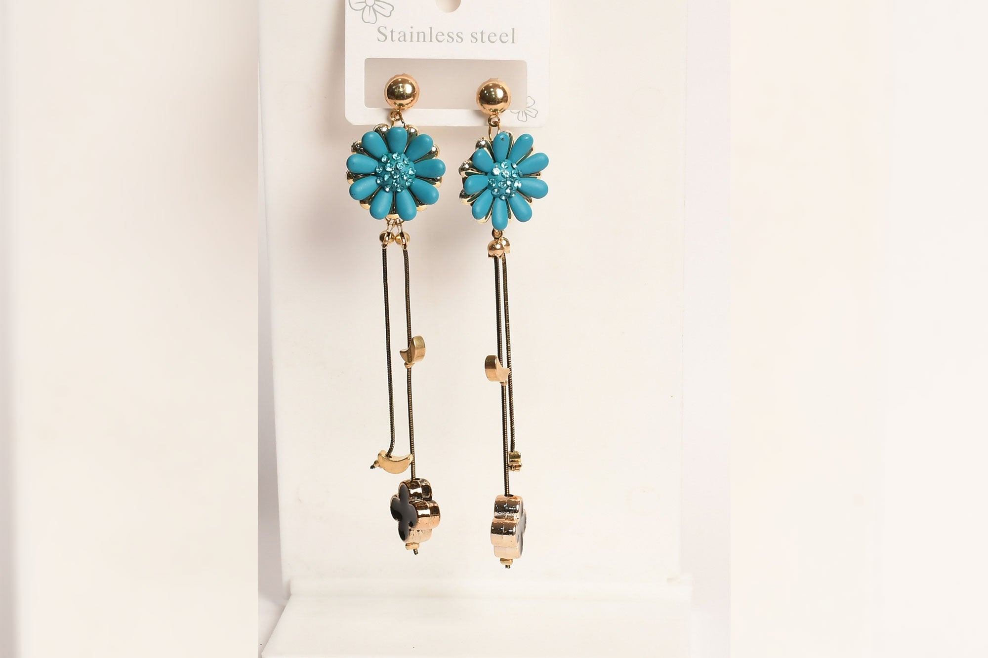 Blue Stainless Steel Flower Drop Earrings - Freyaa