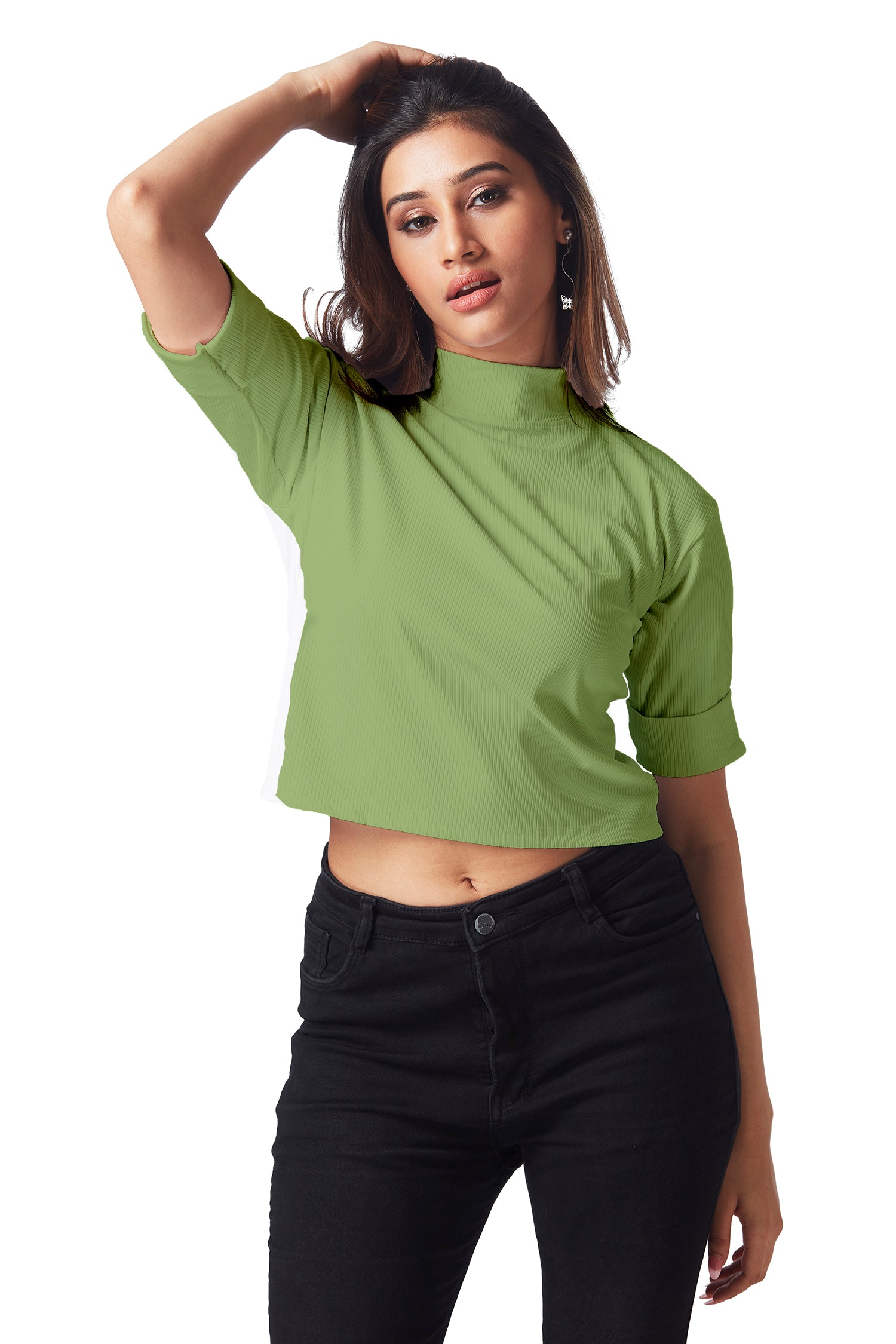 Casual Polo Neck Crop T-shirts - Green