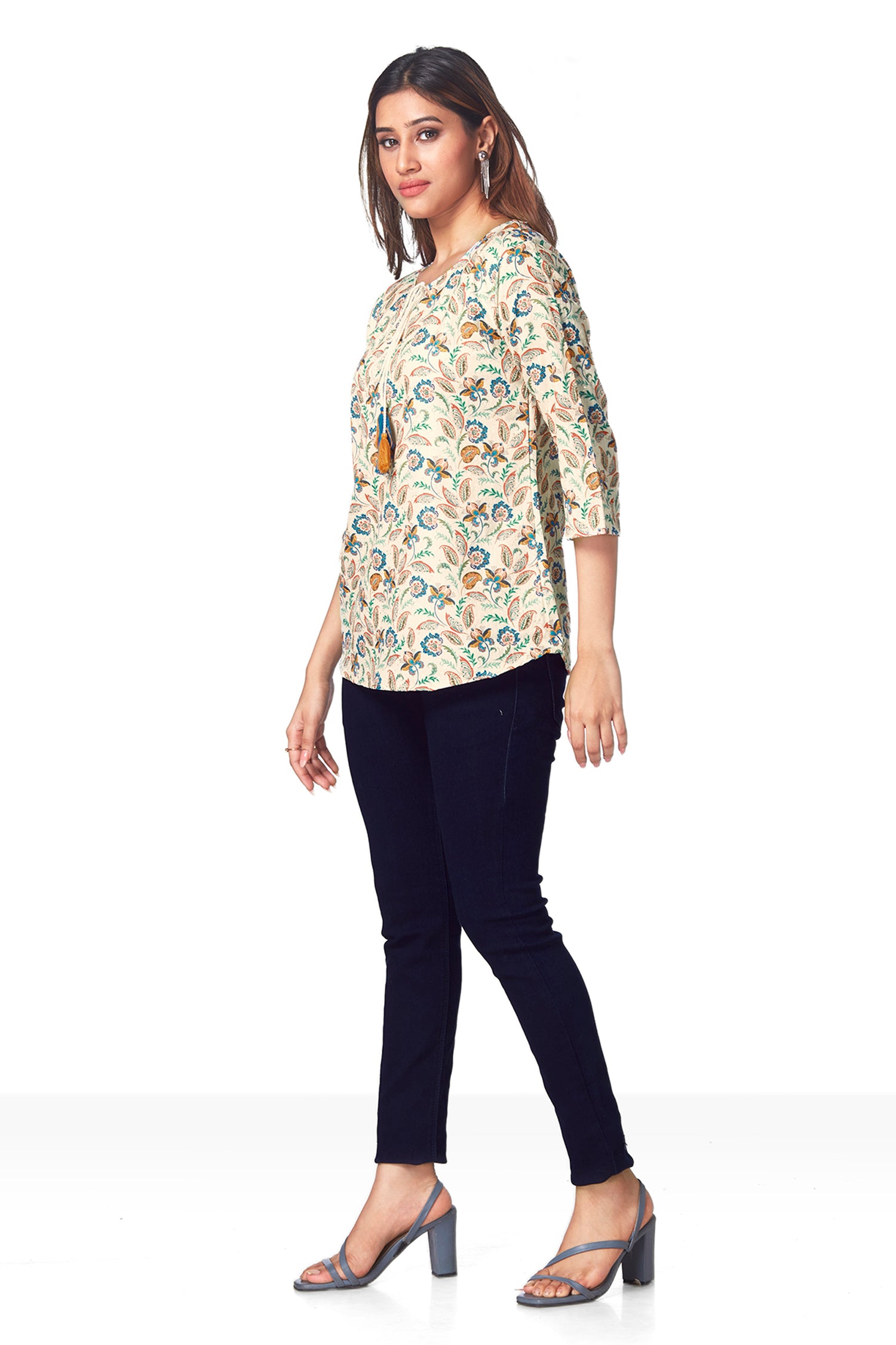 Causal Beige Floral Printed Top