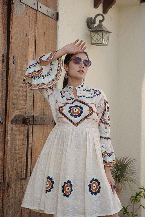 Cotton Embroidered Tunic Dress With Bell Slevees 3 - Freyaa