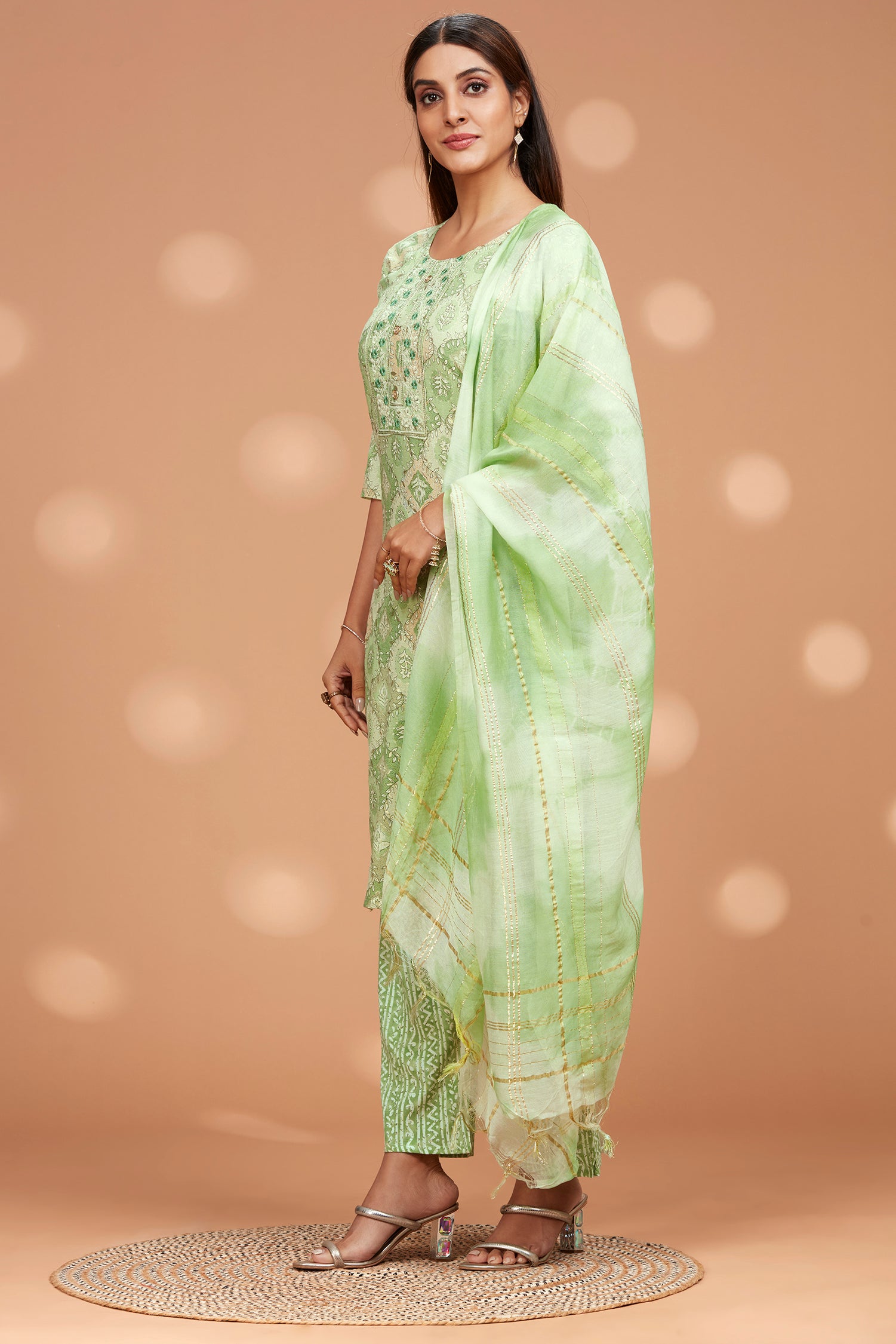 Printed Straight fit Embroidered Kurta with Palazzo Pant & Tie-die Duppatta - Light Green