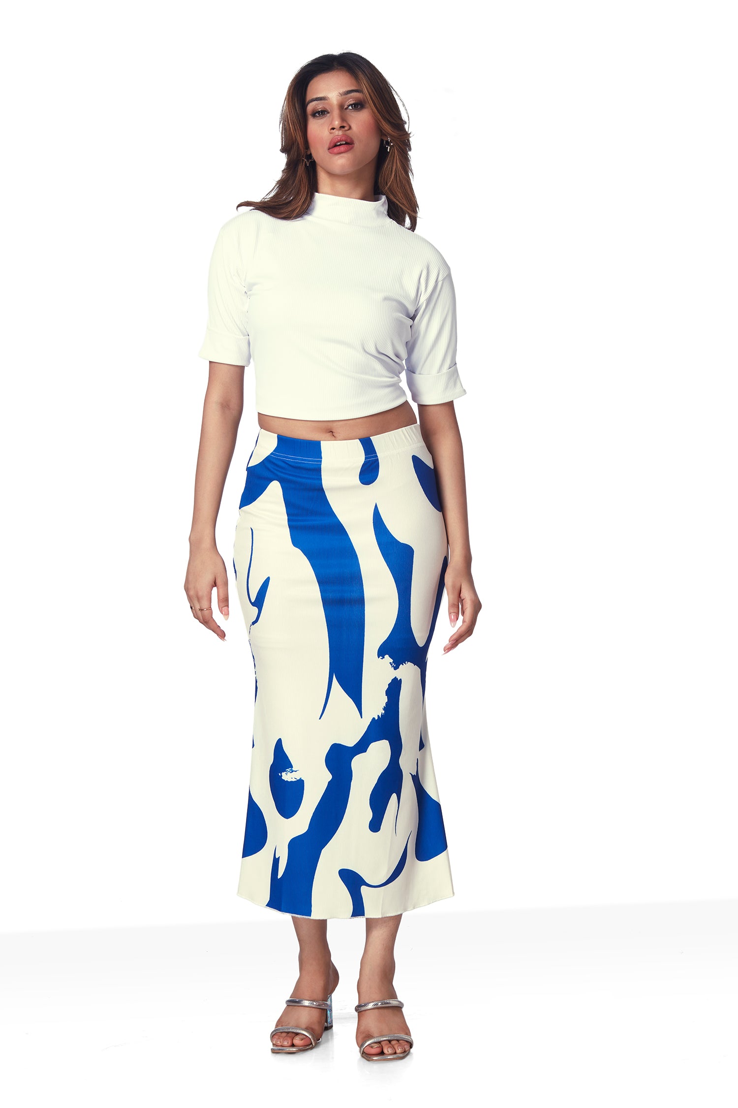 Geometric Print Pencil Skirt - Blue