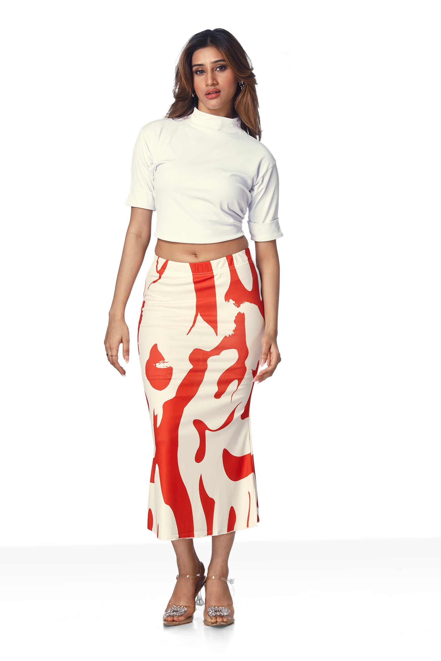 Geometric Print Pencil Skirt - Orange