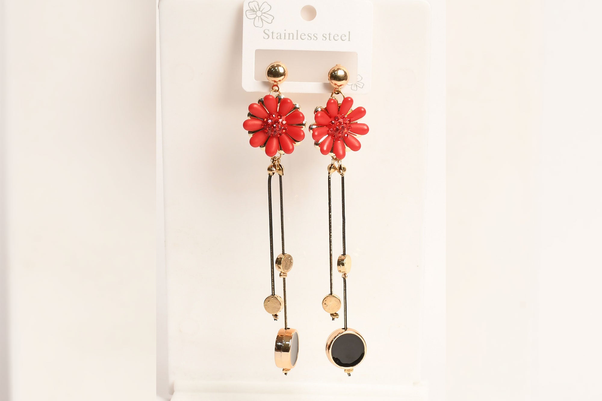 Red Stainless Steel Flower Drop Earrings - Freyaa