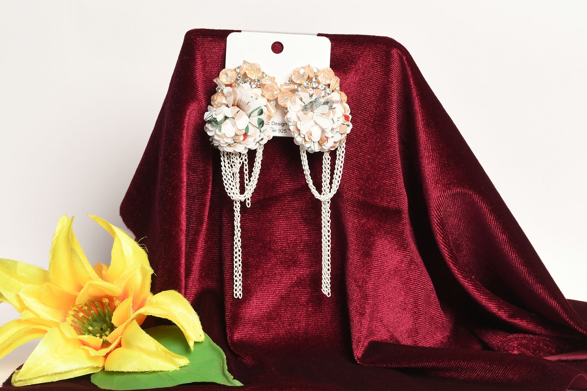 White Floral Applique Pearl Crystal Embellished With Chain Drop Earring - Freyaa