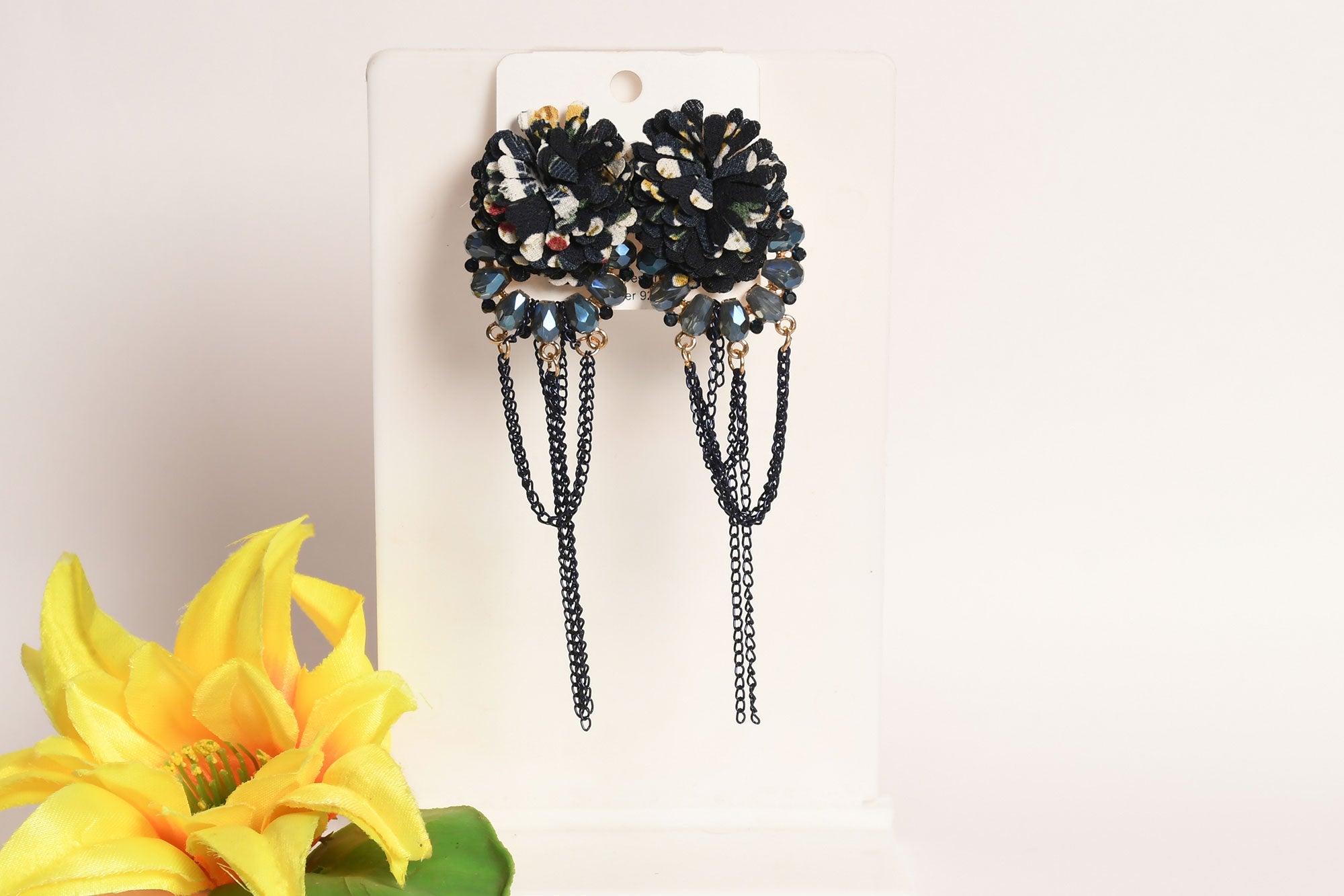 Black Floral Applique Pearl Crystal Embellished With Chain Drop Earring - Freyaa