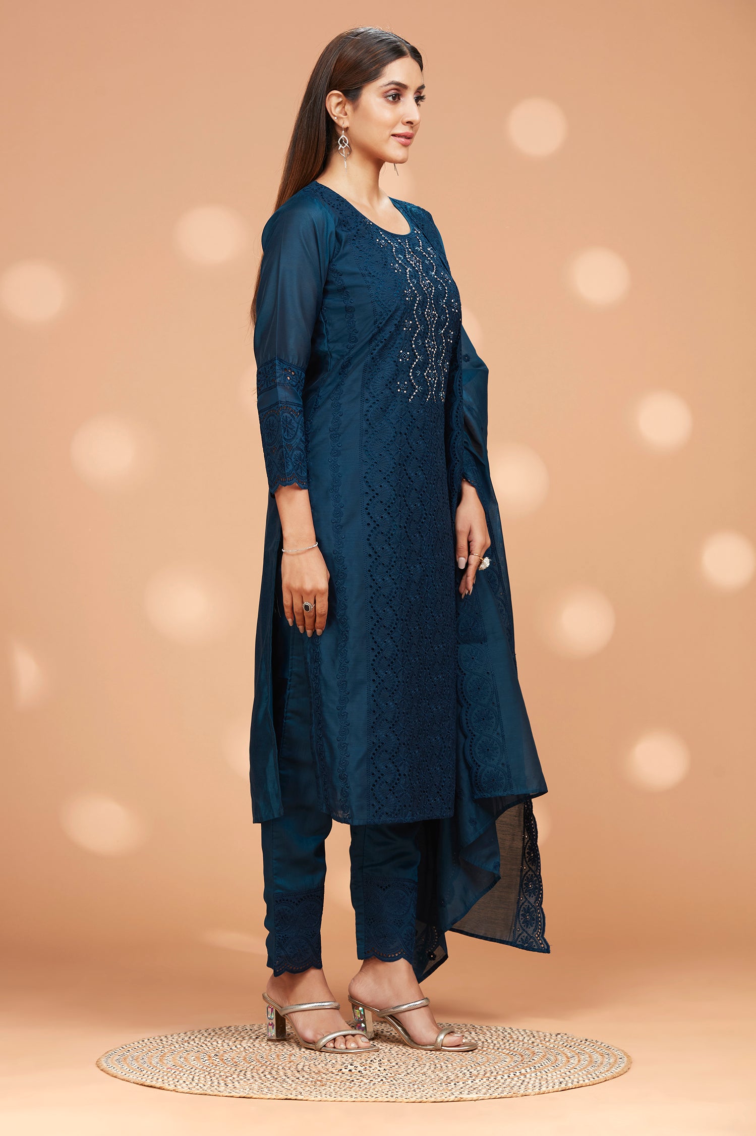 Straight Fit Schiffli Kurta with Pant  &  Duppatta