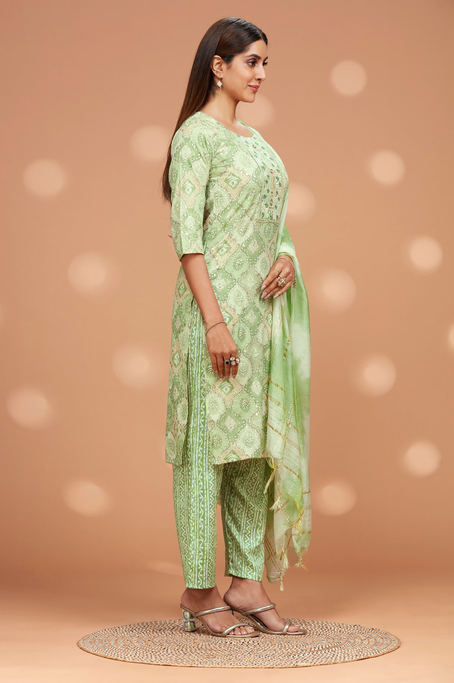 Printed Straight fit Embroidered Kurta with Palazzo Pant & Tie-die Duppatta - Light Green