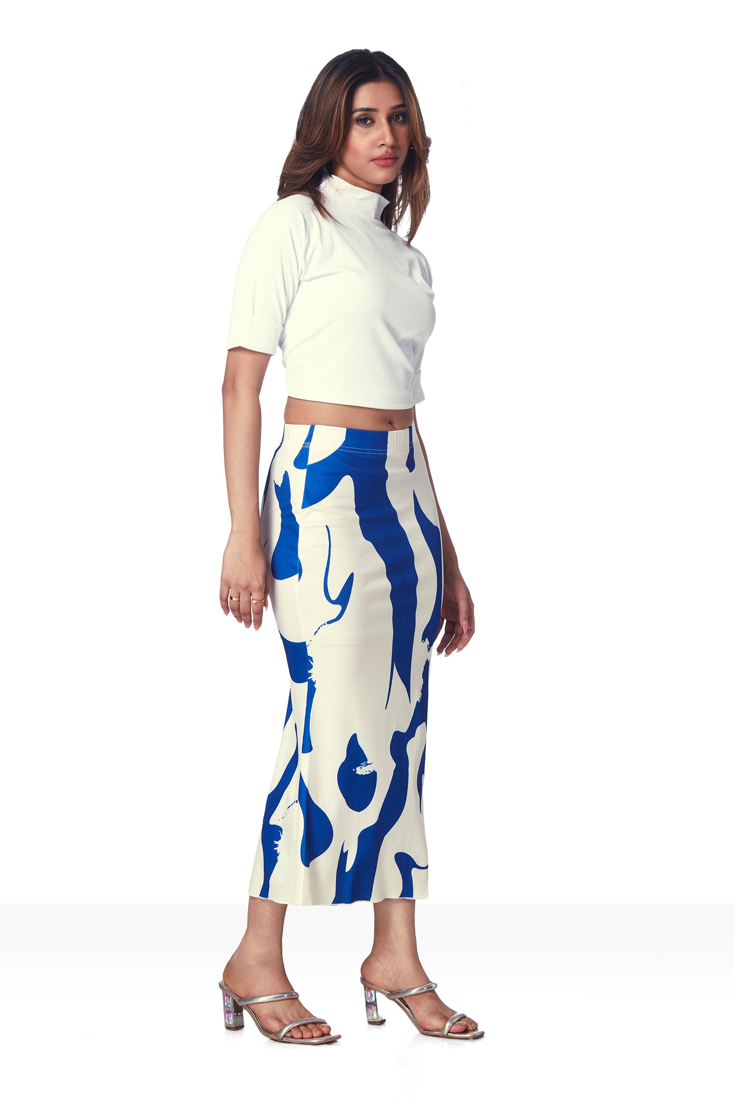 Geometric Print Pencil Skirt - Blue