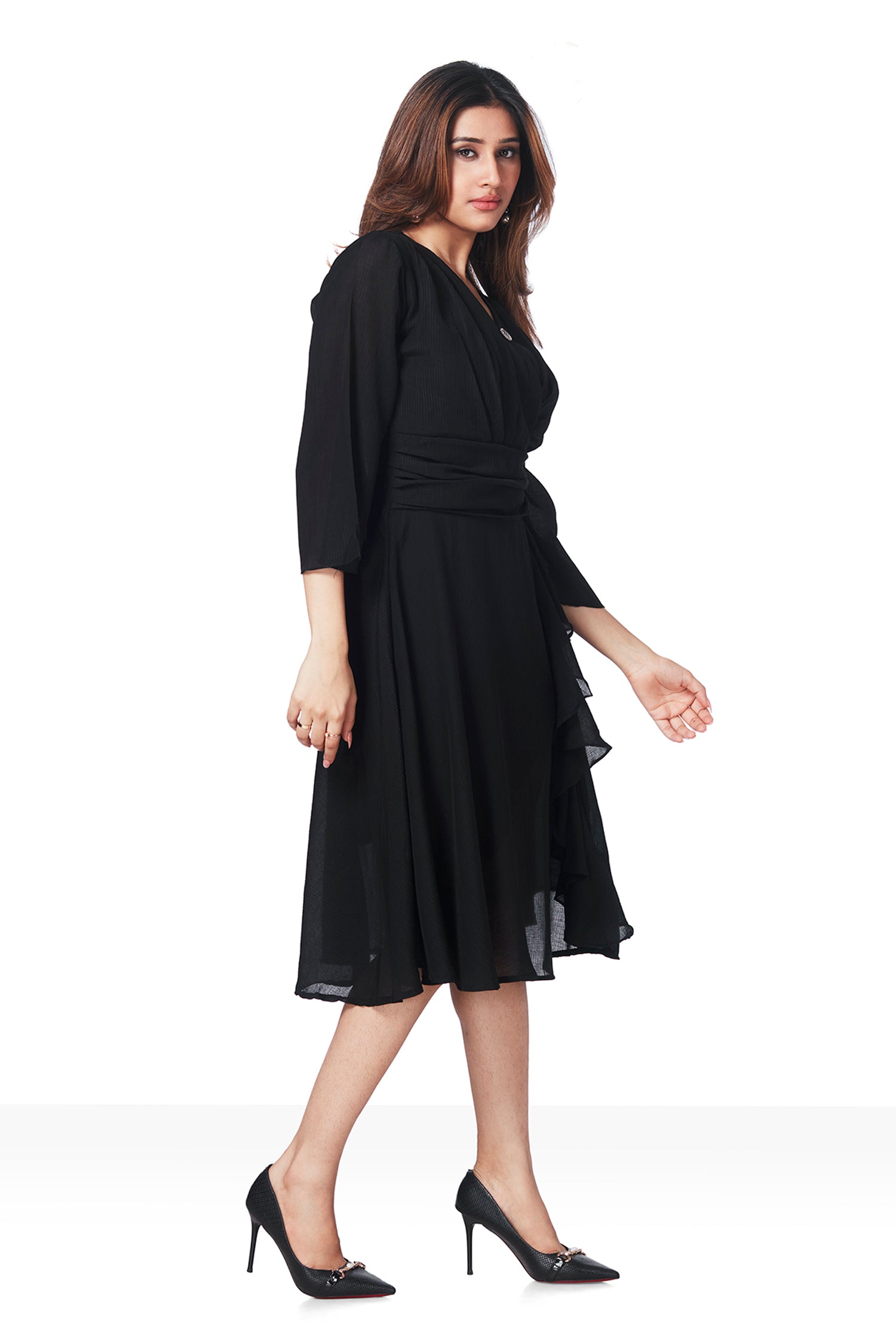 Black Georgette V Neck Attached Side Broach Belt Tunics