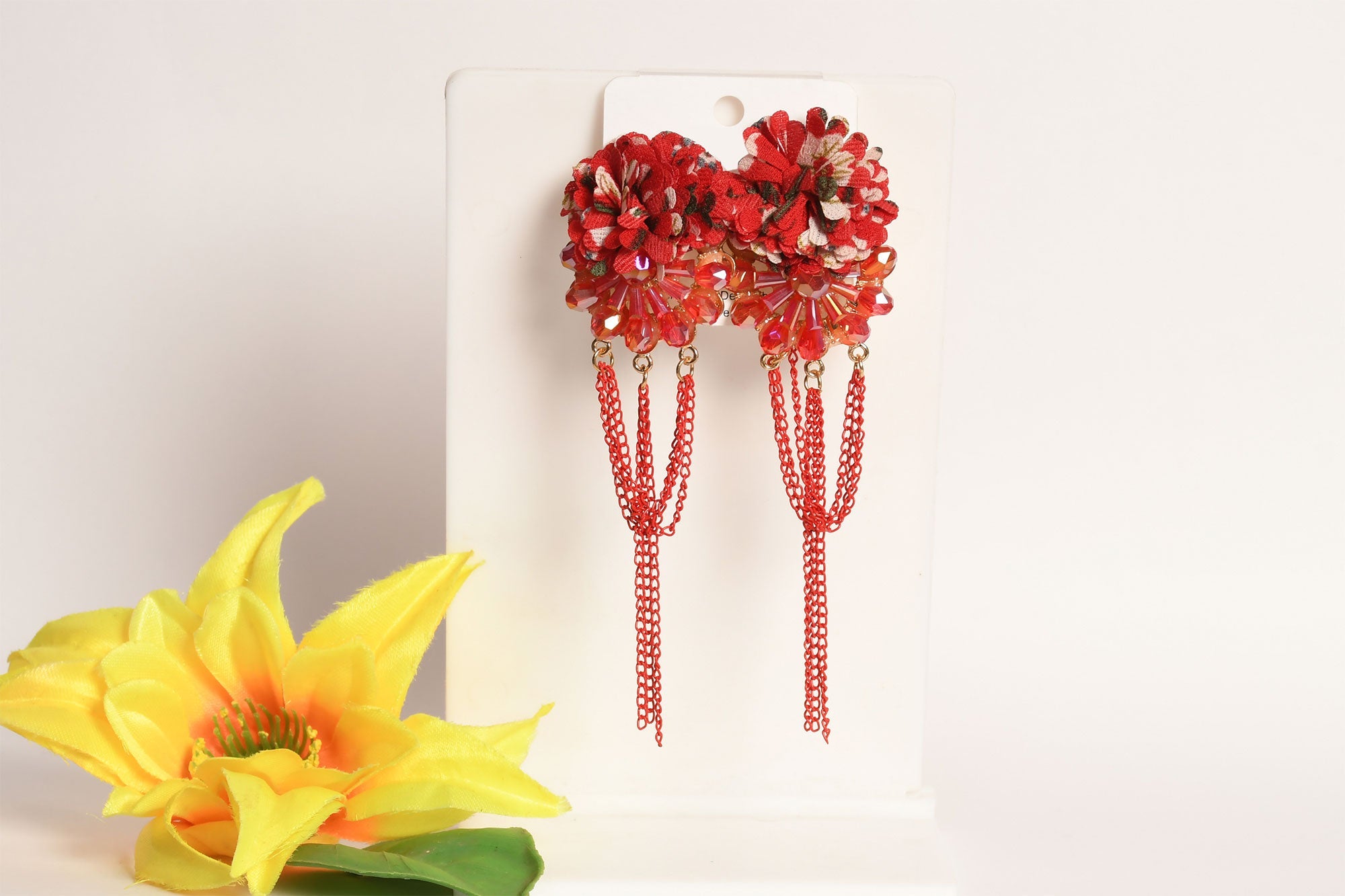 Red Floral Applique Pearl Crystal Embellished With Chain Drop Earring - Freyaa