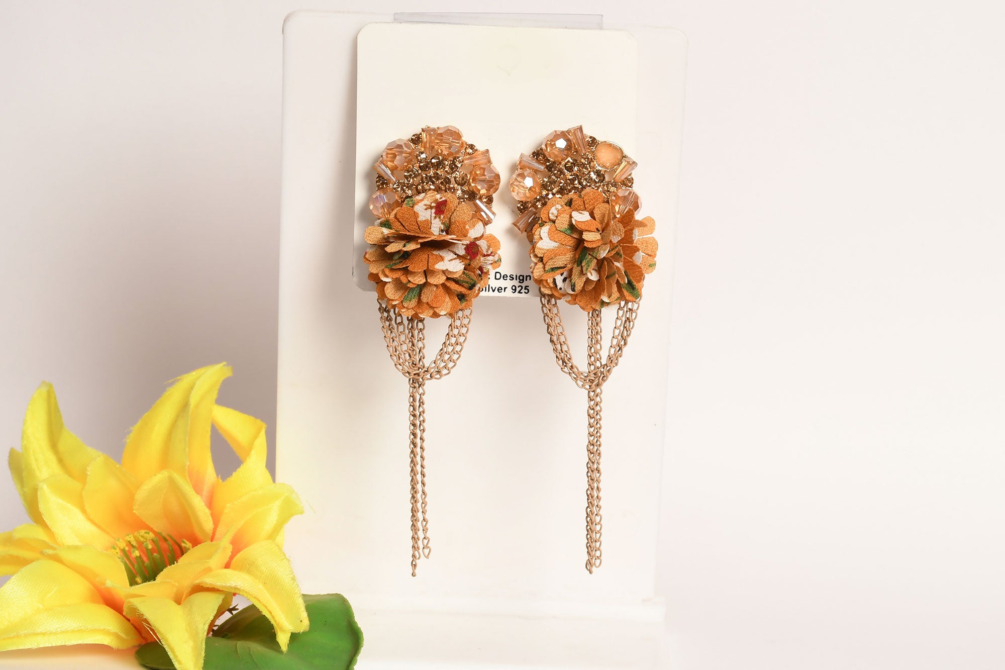 Brown Floral Applique Pearl Crystal Embellished With Chain Drop Earring - Freyaa