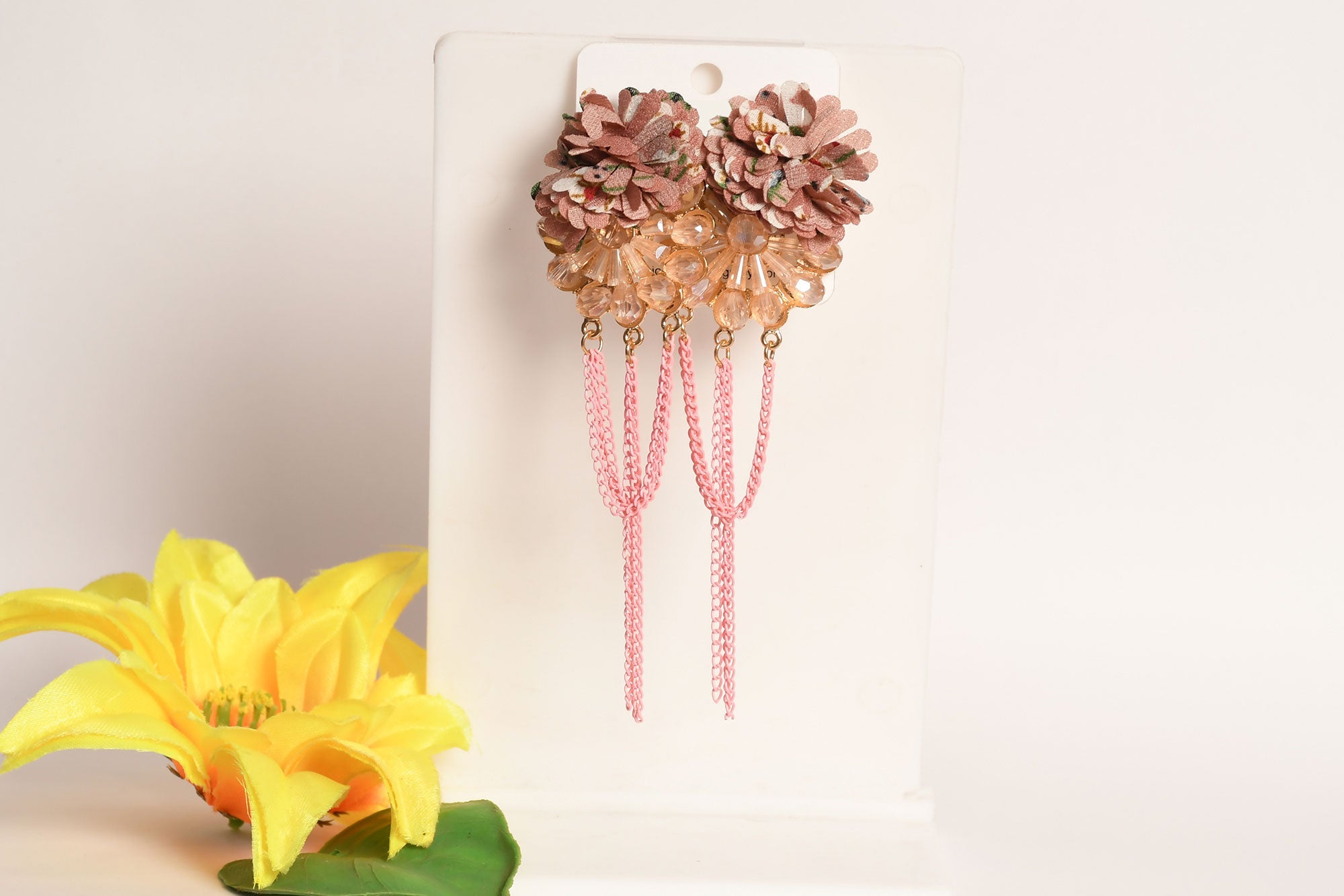 Pink Floral Applique Pearl Crystal Embellished With Chain Drop Earring - Freyaa