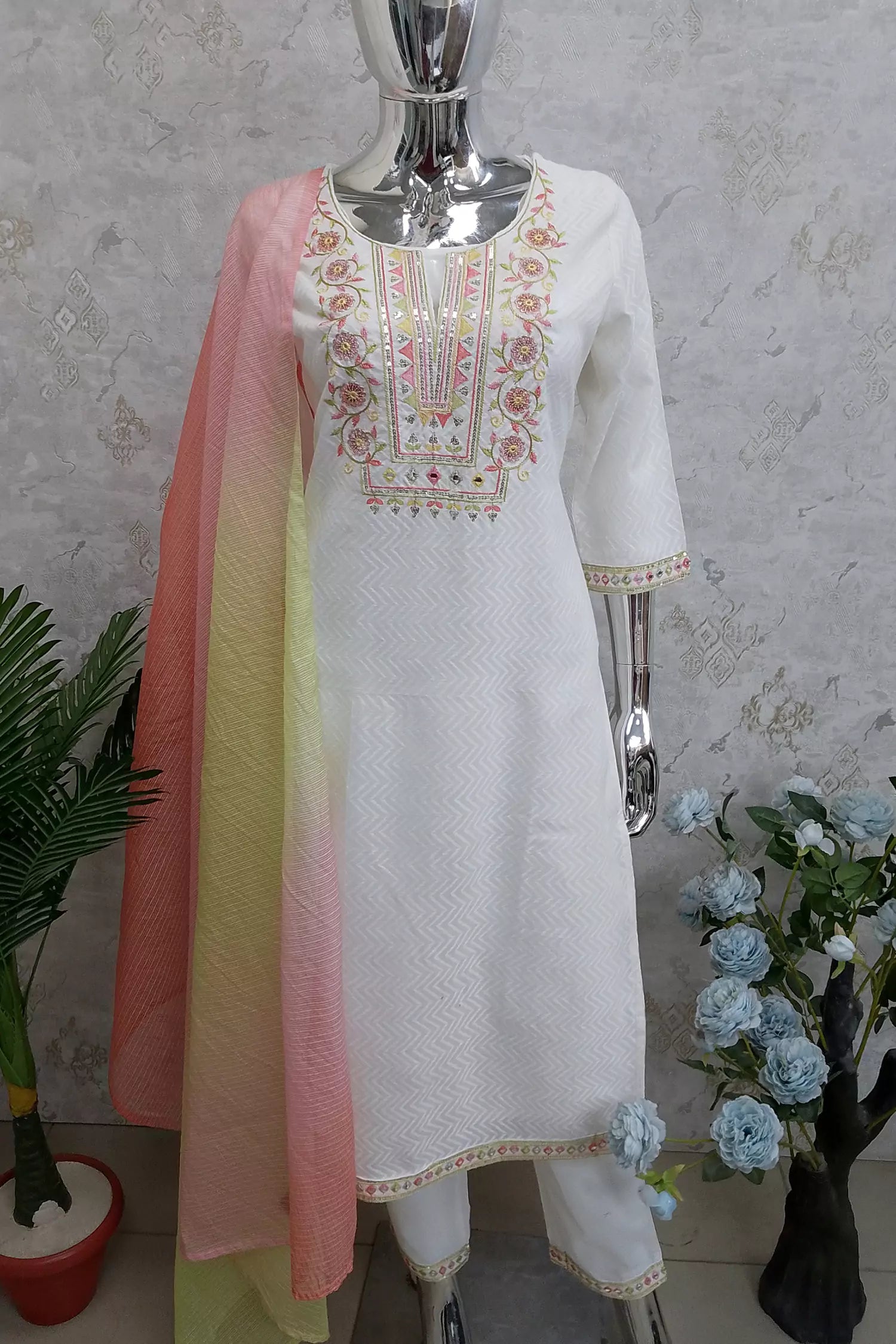 Three-piece Kurta Set with Neck Embroidered