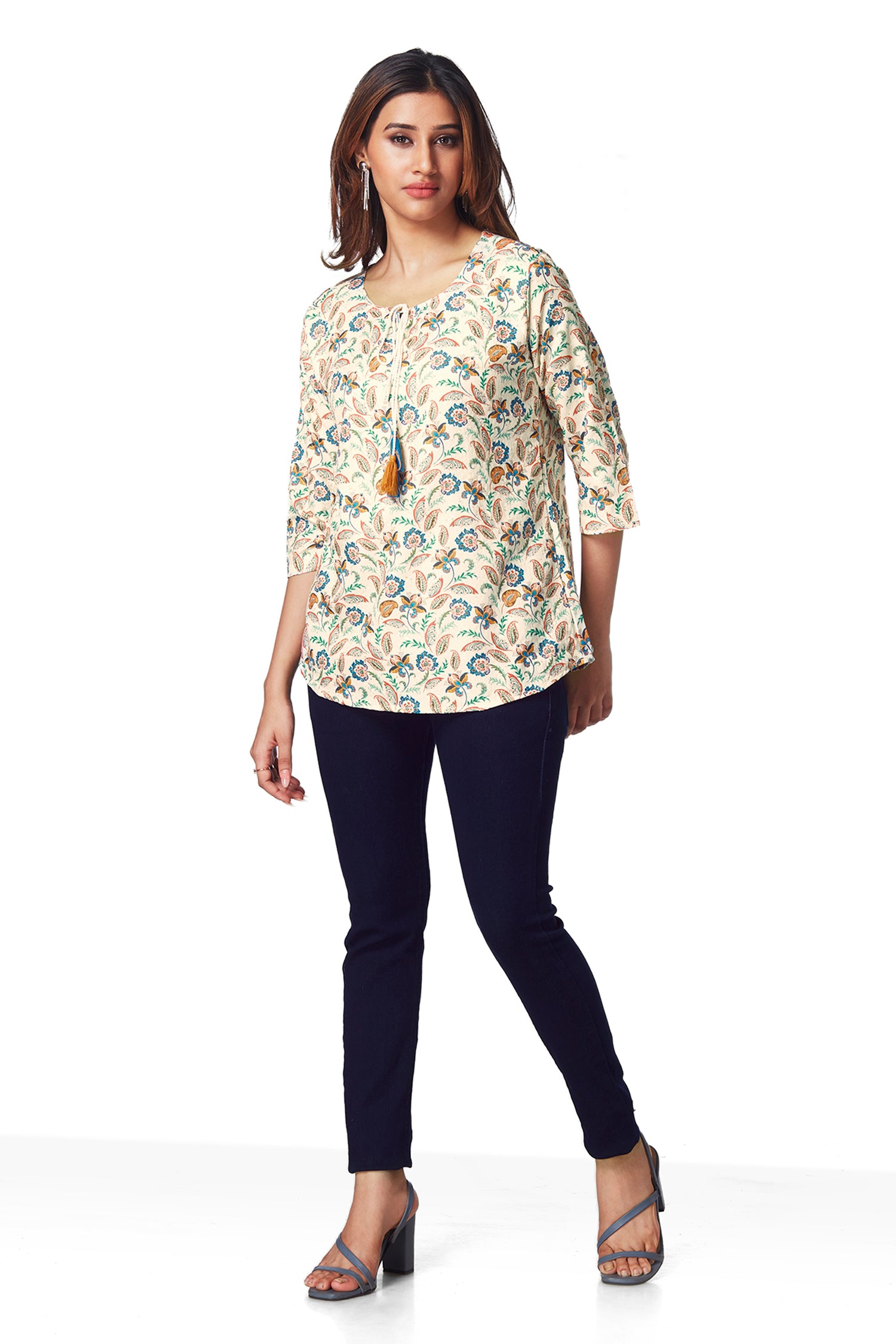 Causal Beige Floral Printed Top