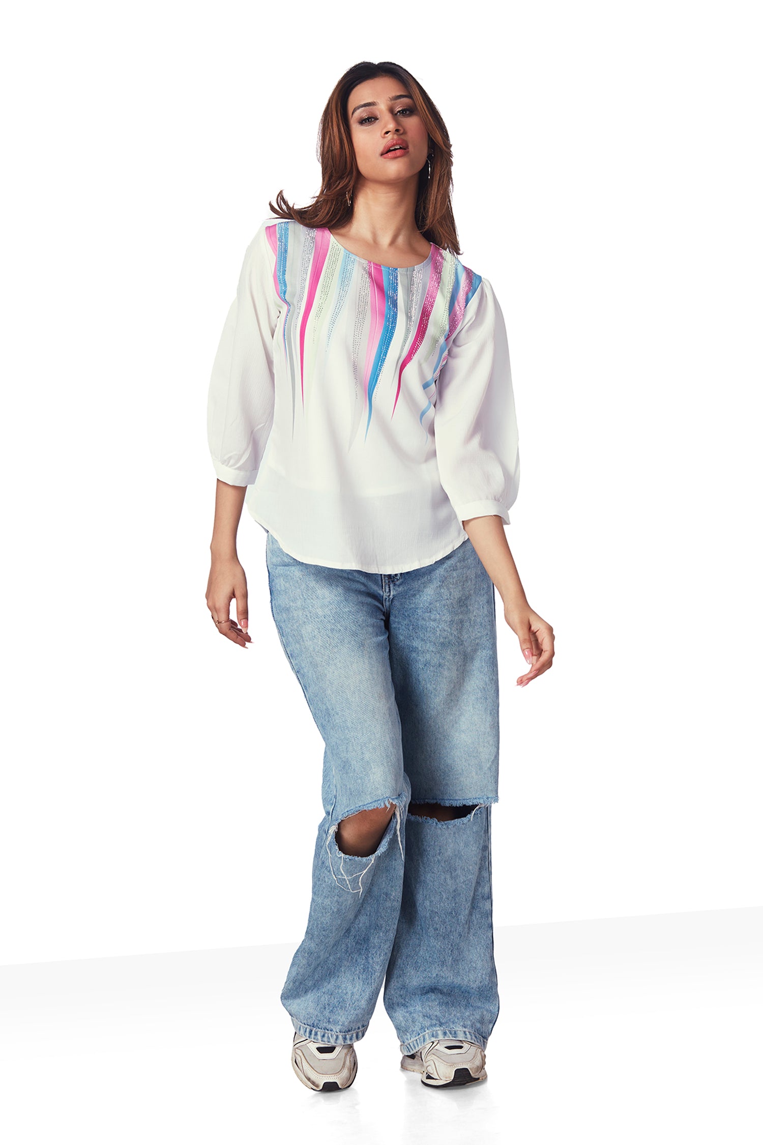 Multi Color Stripes on Georgette  Top with shimmer work