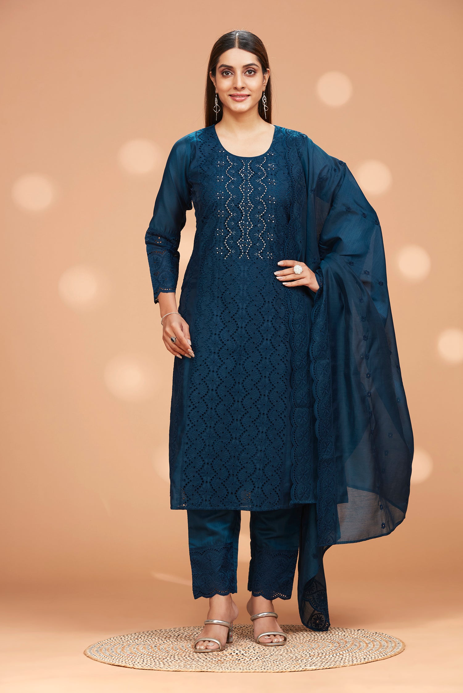 Straight Fit Schiffli Kurta with Pant  &  Duppatta