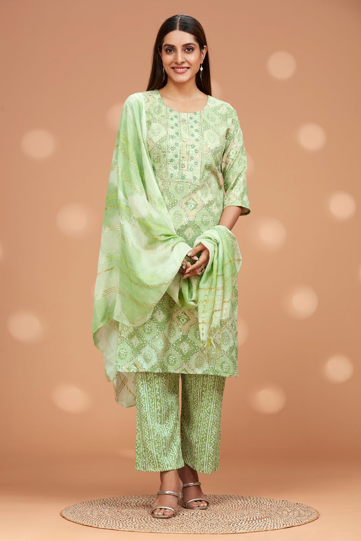 Printed Straight fit Embroidered Kurta with Palazzo Pant & Tie-die Duppatta - Light Green