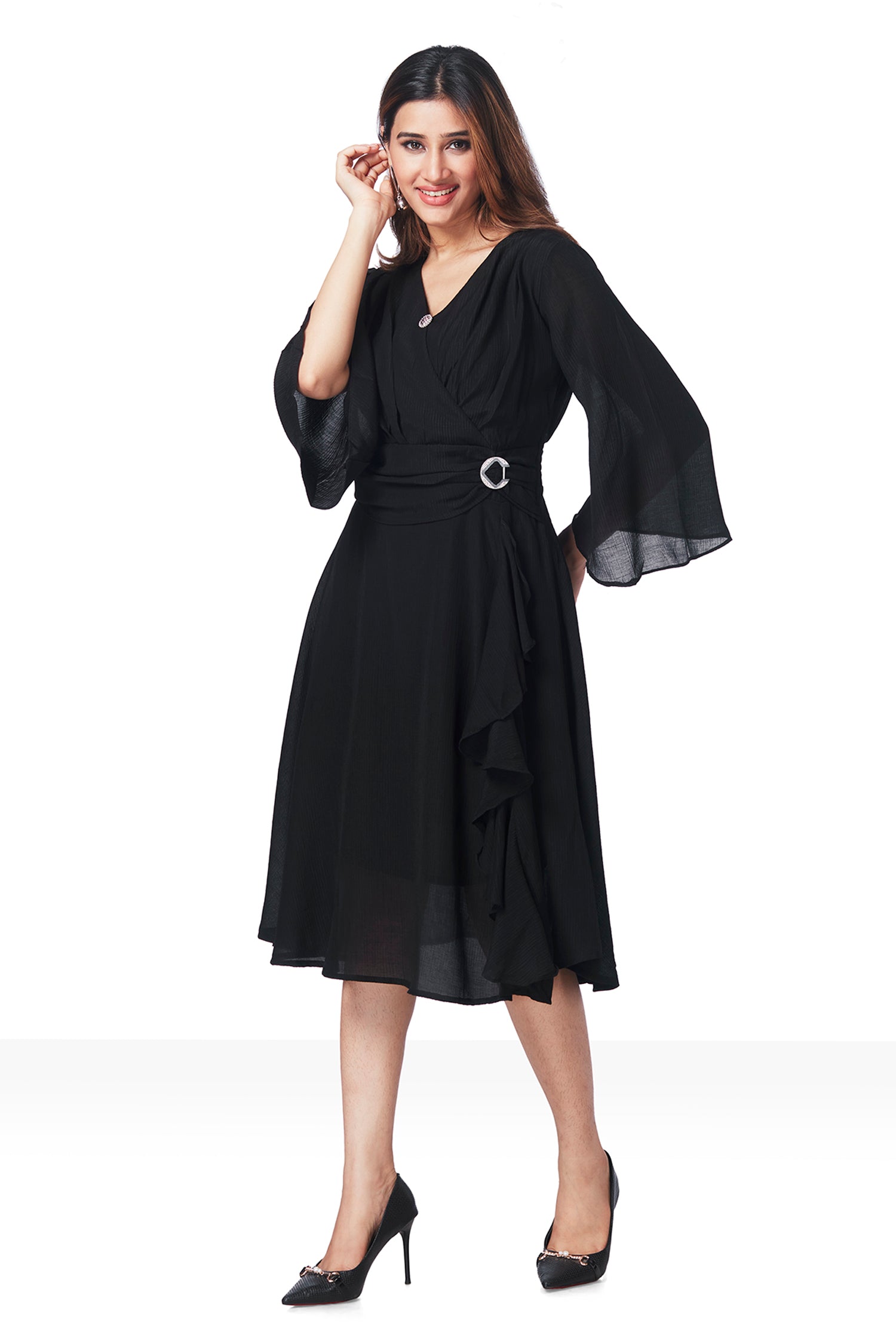 Black Georgette V Neck Attached Side Broach Belt Tunics