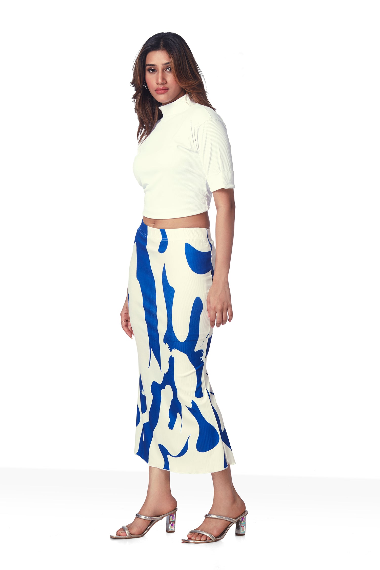 Geometric Print Pencil Skirt - Blue