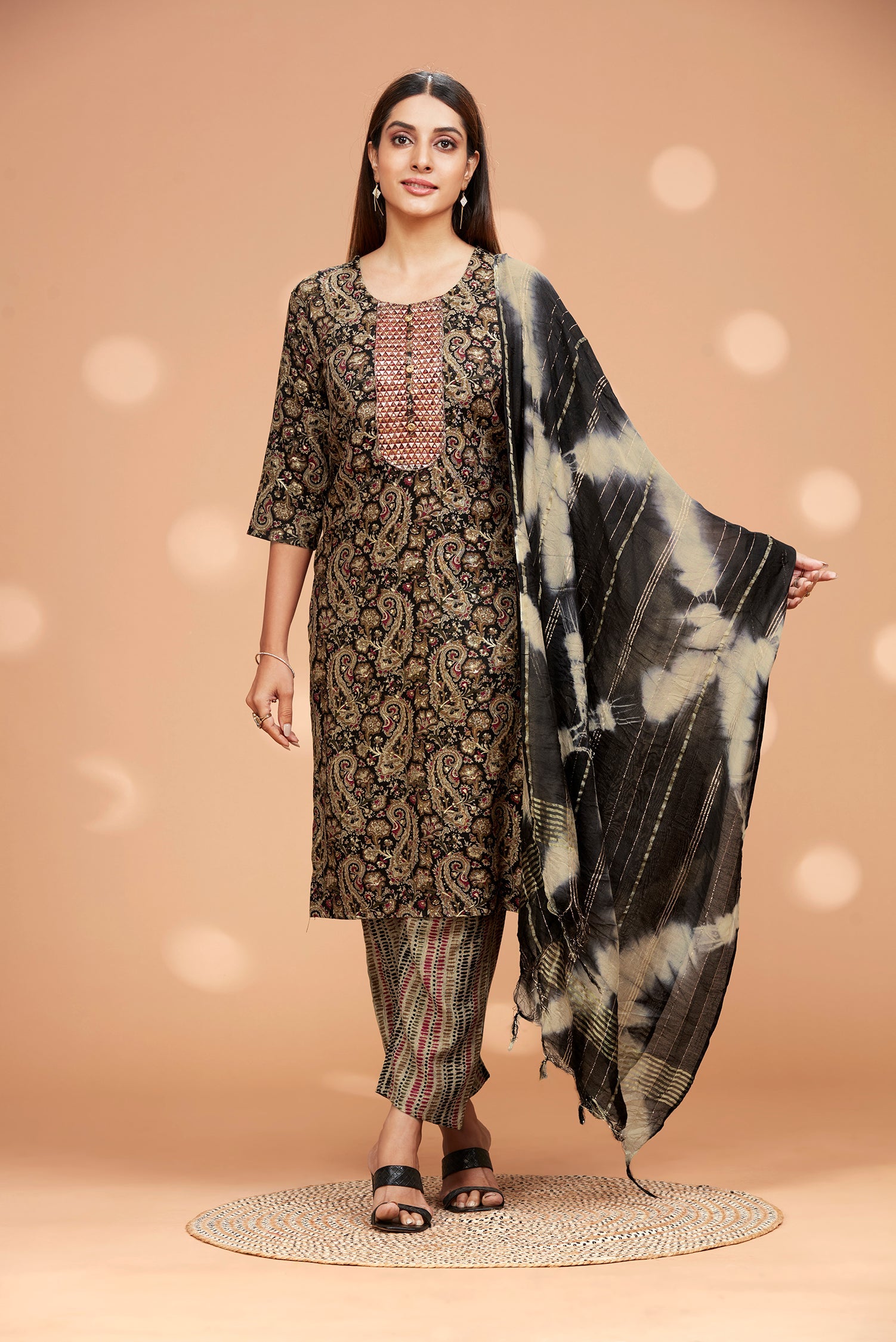 Printed Straight fit Embroidered Kurta with Palazzo Pant & Tie-die Duppatta